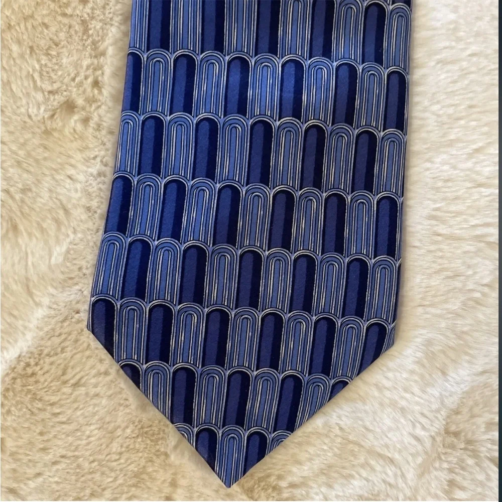 LANVIN PARIS made in France Shingle Print Silk Power Tie‎ In Blue $195